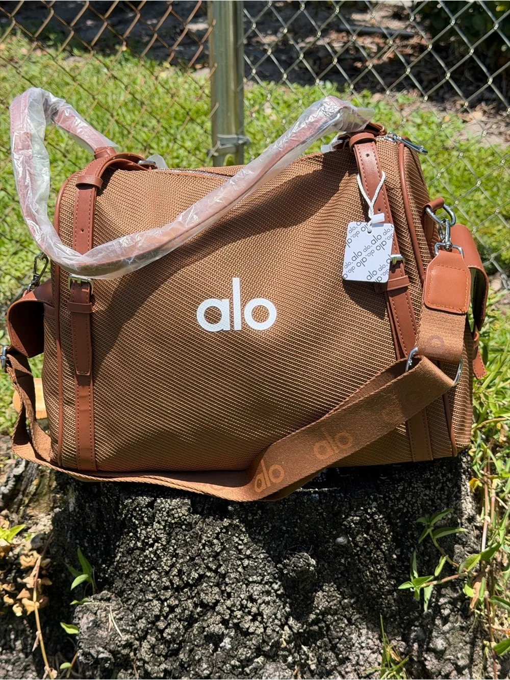 ALO Yoga Brown Duffel Bag with White Logo